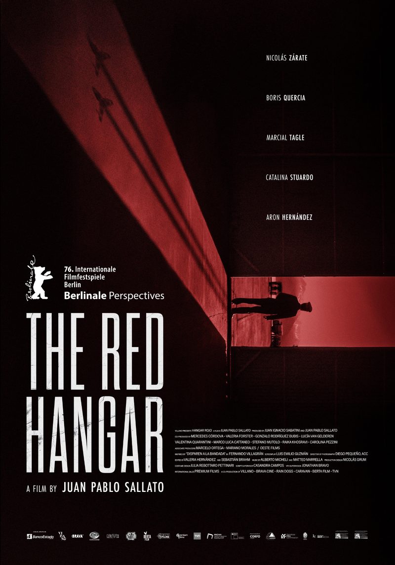 Poster for The Red Hangar by Juan Pablo Sallato: a red-lit military corridor with the shadows of two planes and the silhouette of an officer in a doorway
